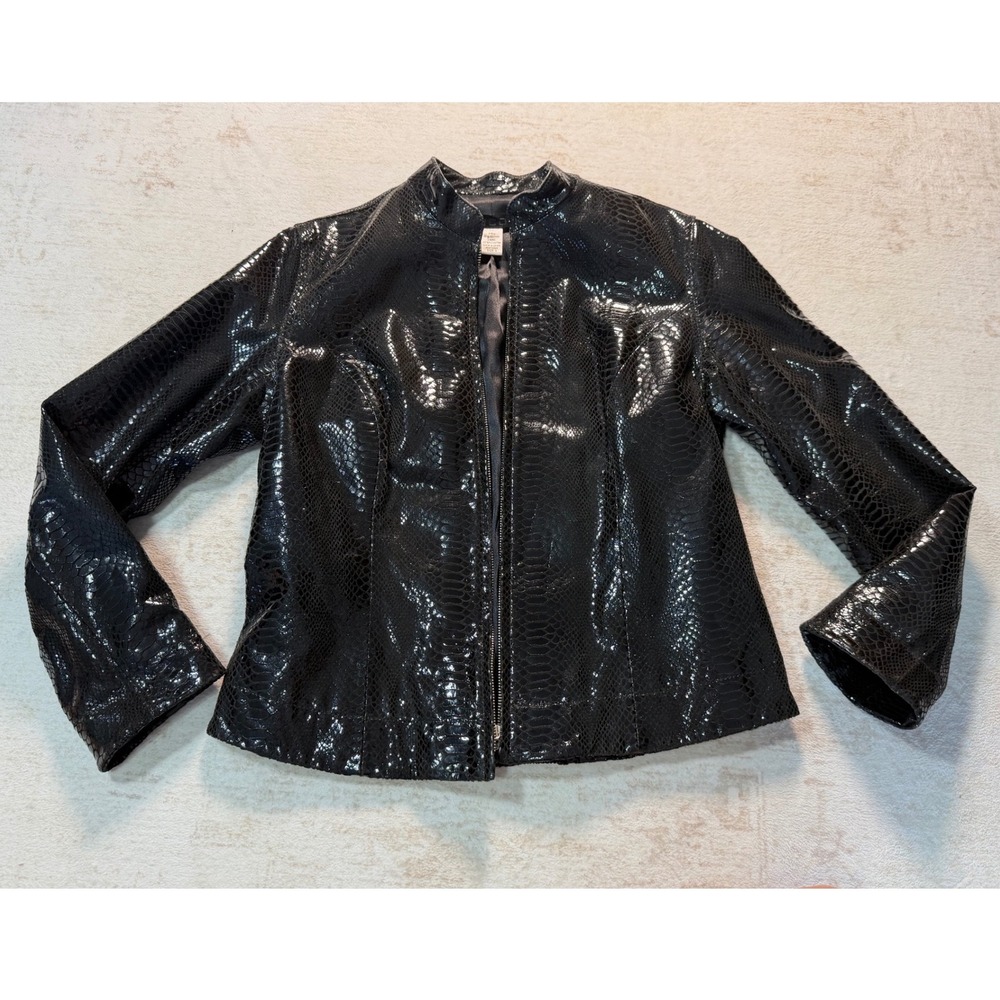 Chicos Black Leather Snakeskin Embossed Jacket Patent Zip Front Mock Neck Size 1